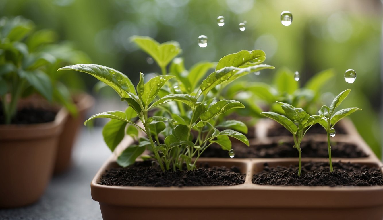 Young plants in a tray being nourished with droplets of neem oil soil drench.