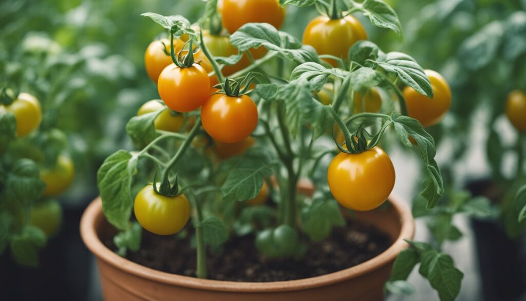 A close-up image of a tomato plant with ripe yellow tomatoes and green foliage in a terracotta pot, indicating healthy growth without signs of overwatering.