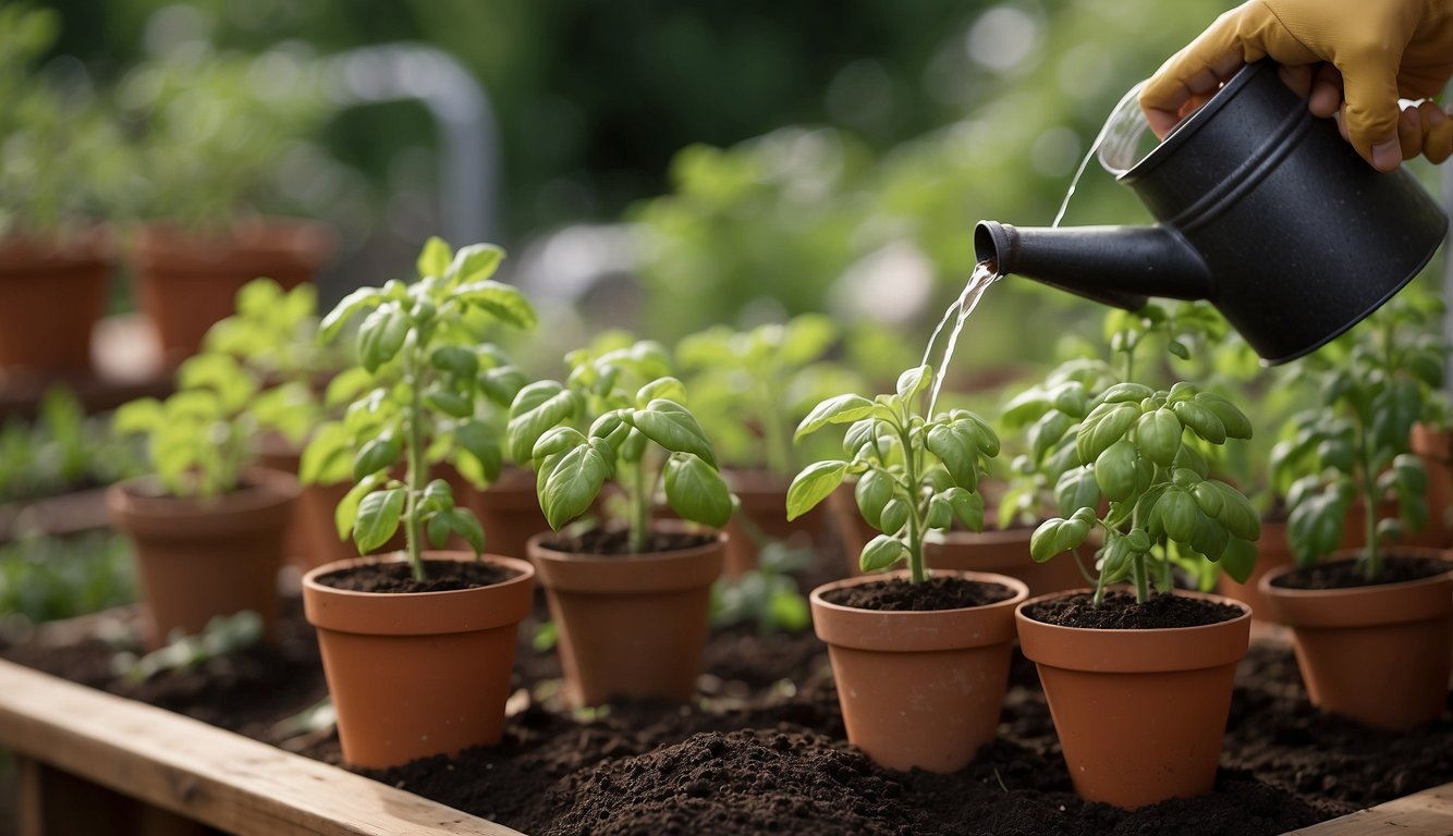 A person is watering tomato plants in pots, showcasing an example of overwatering.