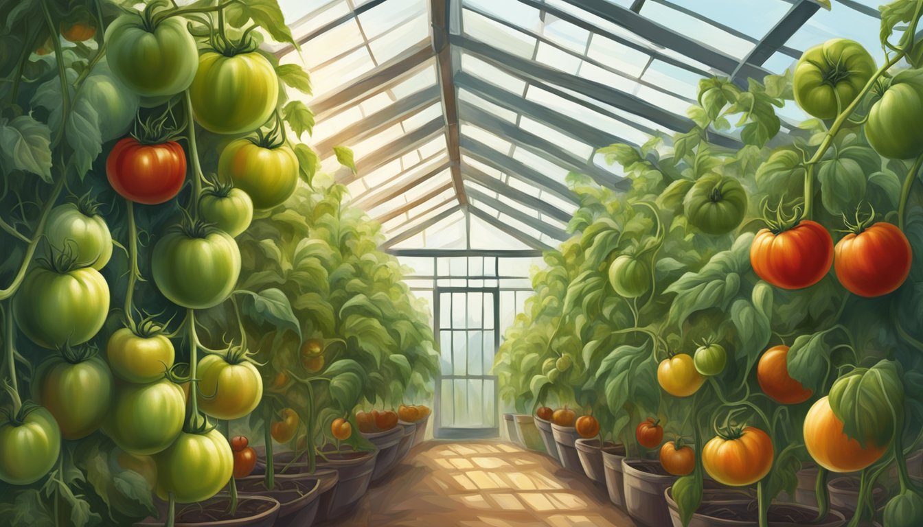A lush greenhouse filled with tomato plants bearing both green and ripe, red tomatoes.