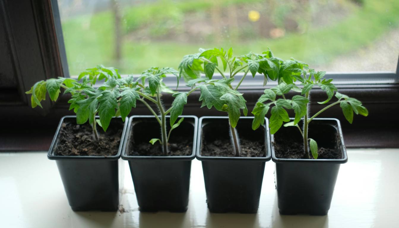 Four small tomato plants in black plastic pots placed on a windowsill.