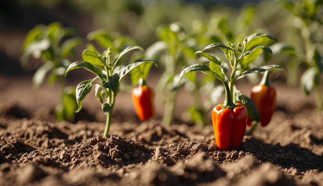 A close-up view of young pepper plants with a few small, underdeveloped peppers in a garden.
