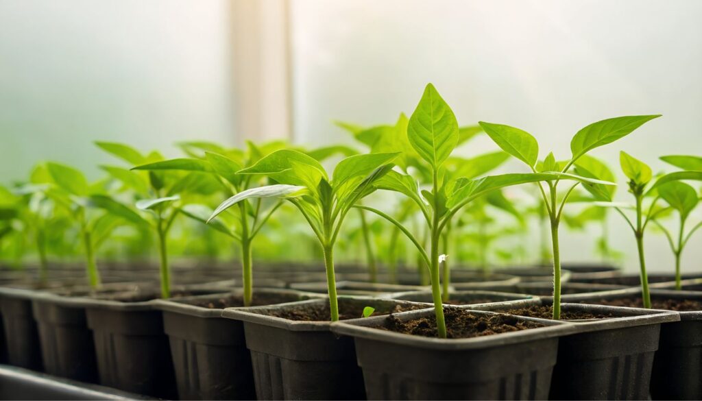 Rows of young green pepper seedlings growing in black plastic pots under soft, natural light in an indoor setting.