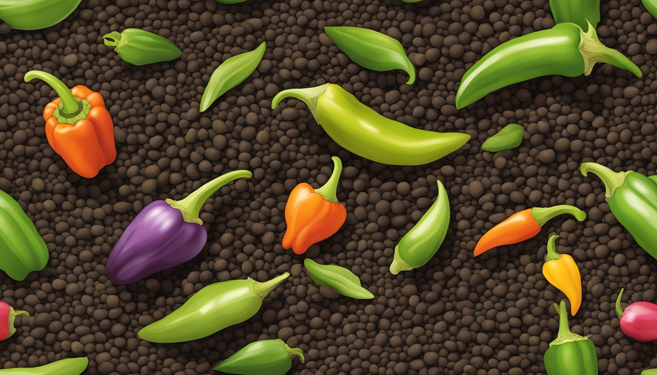 A variety of colorful pepper pods and leaves scattered on a bed of soil, symbolizing unsprouted pepper seeds.
