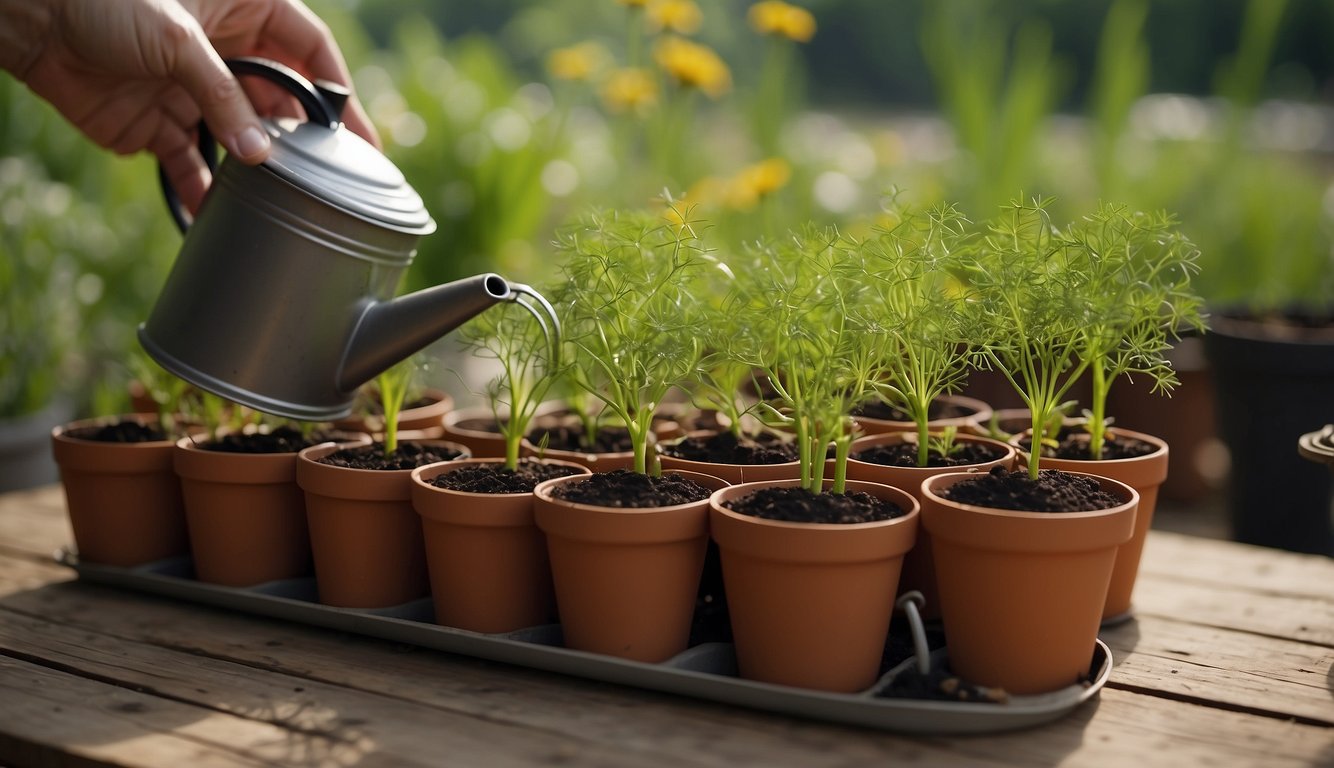 A person watering young dill plants in small pots with a watering can.