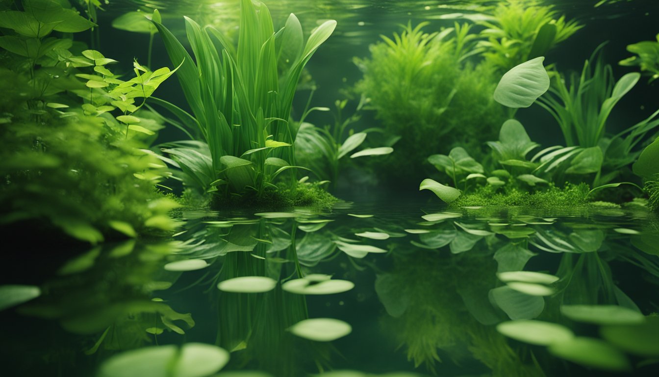An aquarium filled with lush green pond plants.