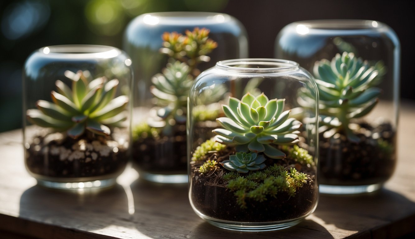 A collection of succulent plants propagating in water, enclosed in clear glass jars, illuminated by natural sunlight.