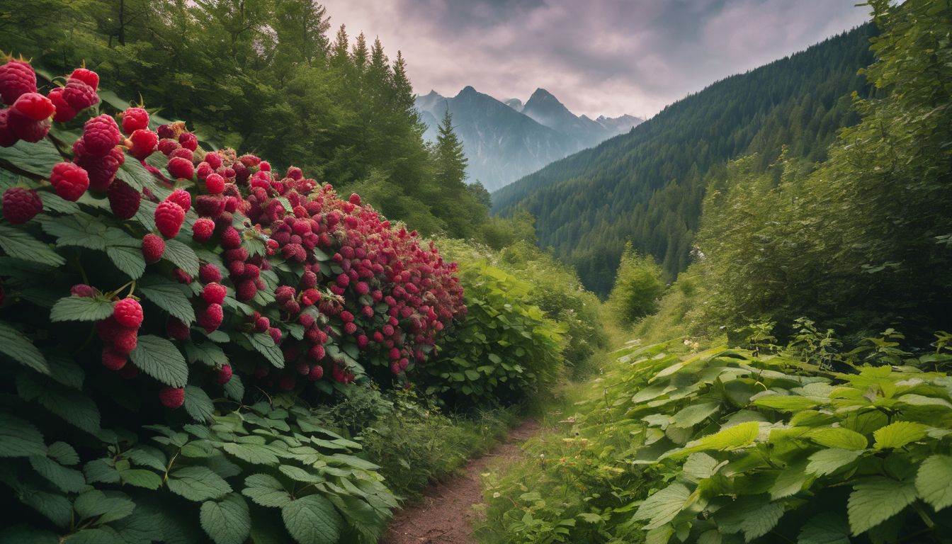 A lush path lined with vibrant raspberry bushes, leading towards a serene mountain view.