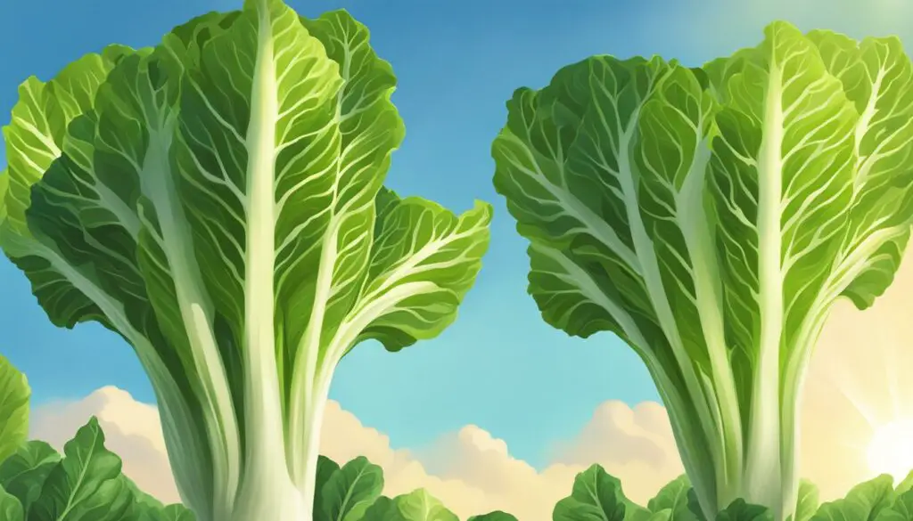 Two tall romaine lettuce plants reaching towards the sky, with a backdrop of fluffy clouds and blue skies.