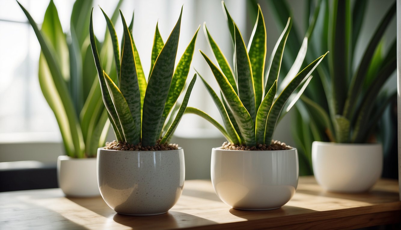 A close-up view of Sansevieria plants in white pots, illuminated by natural light.
