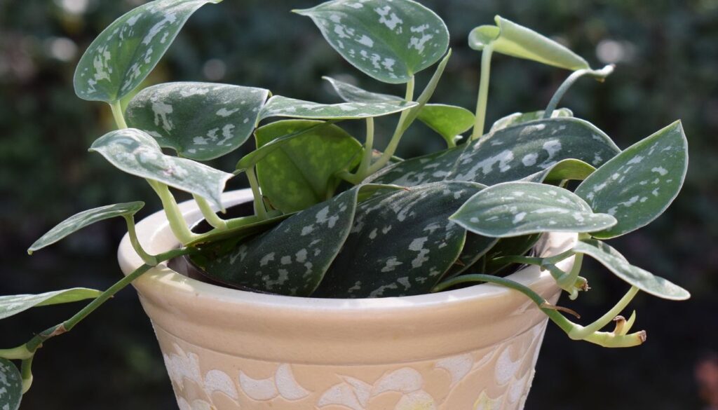 Satin pothos plant leaves with signs of pest infestation, such as discolored spots and wilting.