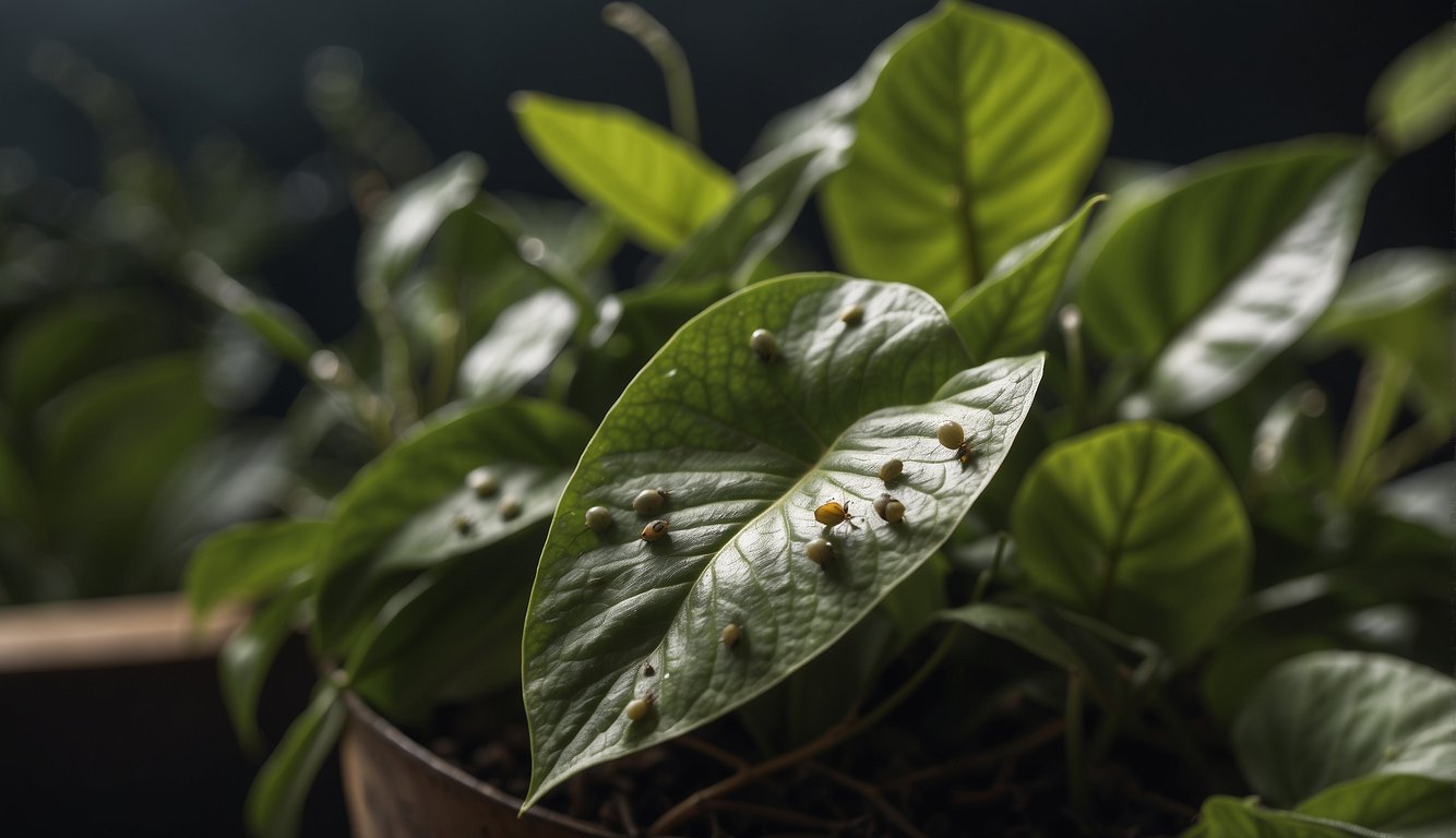 A close-up image of Satin Pothos leaves infested with pests.