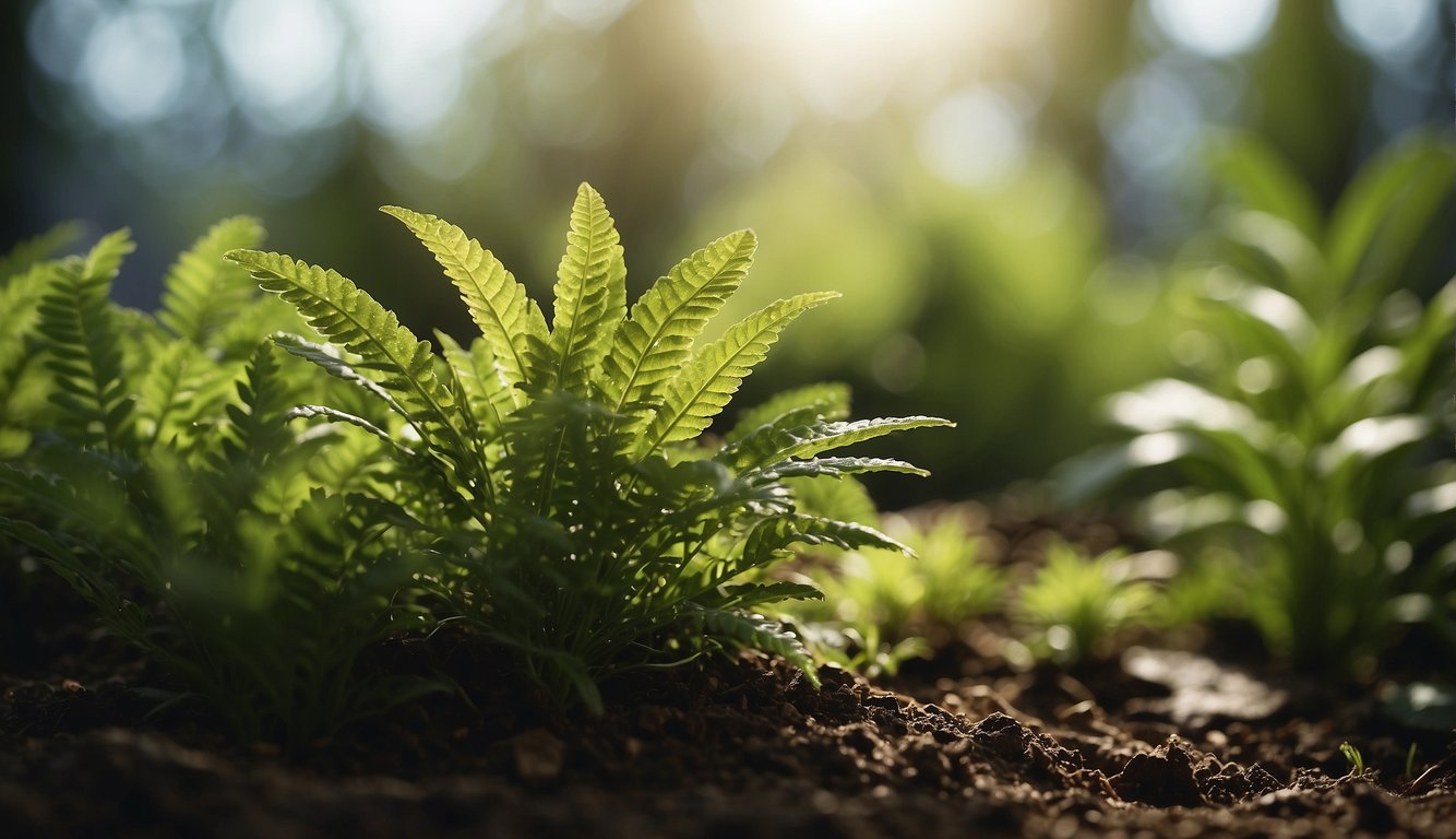 A close-up view of vibrant green fern-like plants thriving in soil, illuminated by soft sunlight filtering through the trees.