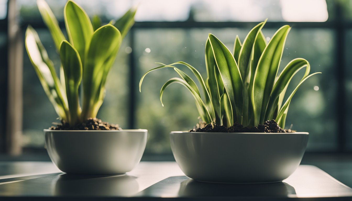 Two healthy snake plants in white bowls, illuminated by natural light from a window.