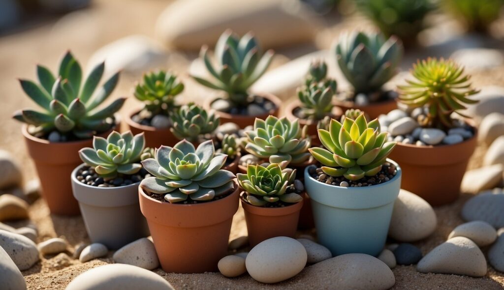 A collection of various succulent plants in small pots amidst white stones.