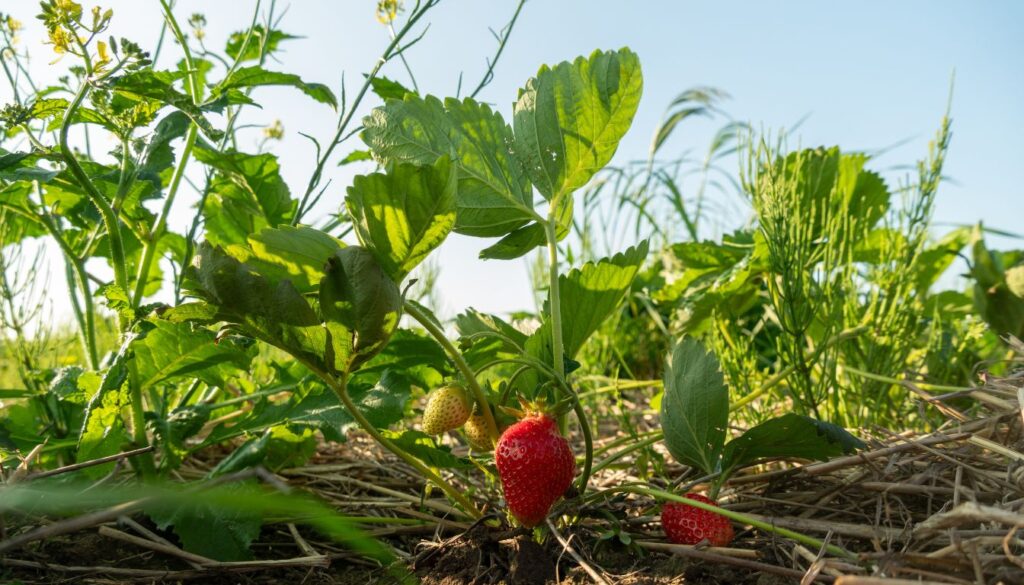 Strawberry plant growing in straw-covered soil with ripe and unripe fruit, surrounded by natural vegetation.
