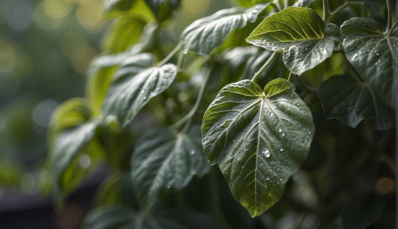 A close-up view of green, healthy tomato leaves glistening with dew.
