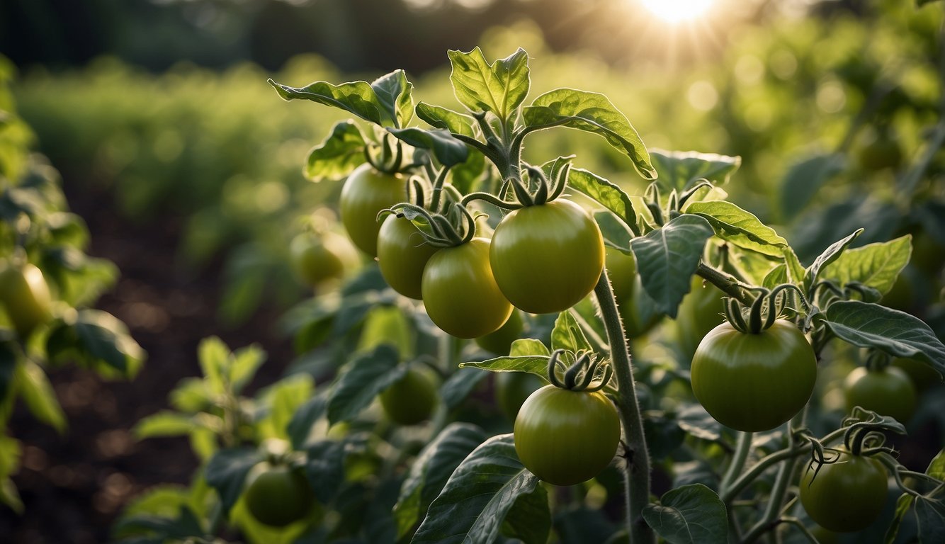 A close-up image of green tomatoes hanging from a plant, with more tomato plants in the background, bathed in soft sunlight.