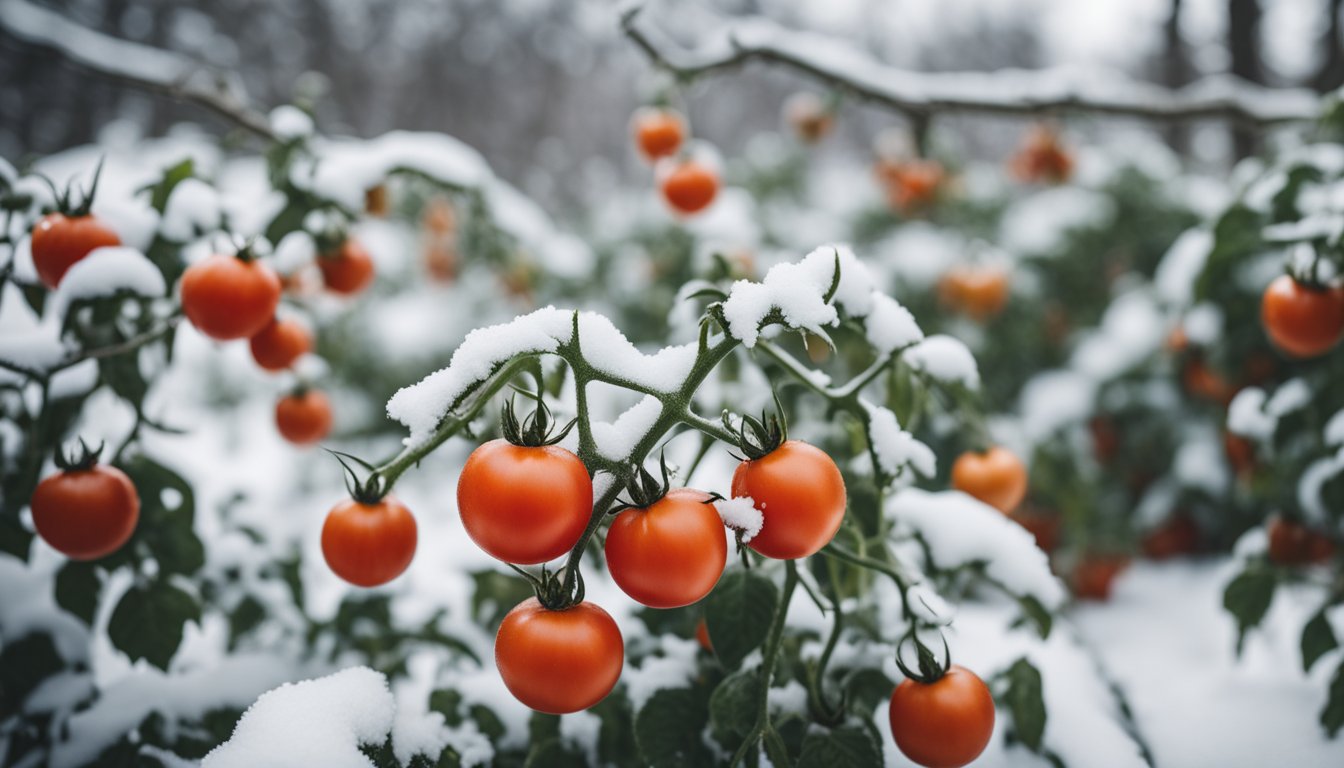 A close-up view of ripe tomatoes on a plant, covered in fresh snow, depicting the contrast between seasons.