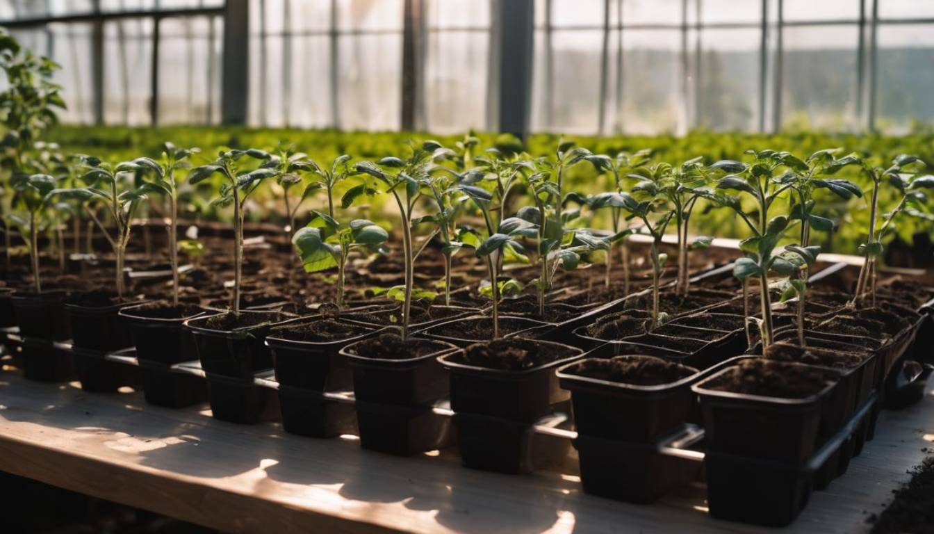 Rows of young tomato seedlings in small black pots, placed on a wooden table inside a greenhouse.