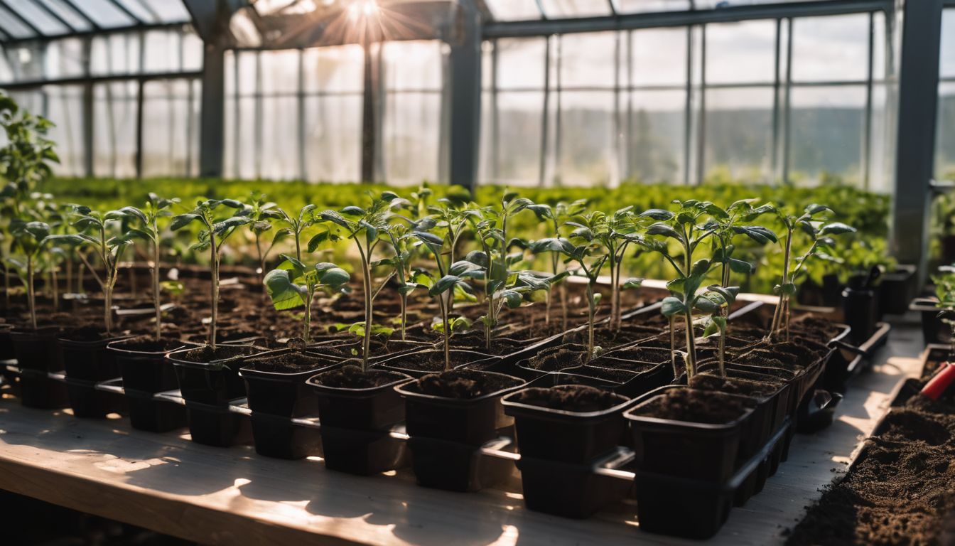 A group of young tomato seedlings in pots inside a greenhouse, with sunlight streaming in.