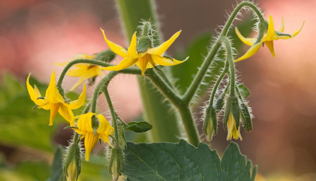 Close-up of yellow tomato plant flowers with green stems and leaves.