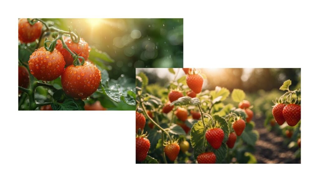 Side-by-side photos of ripe tomatoes on the vine and strawberries in a sunlit field, highlighting their potential as companion plants in a garden.