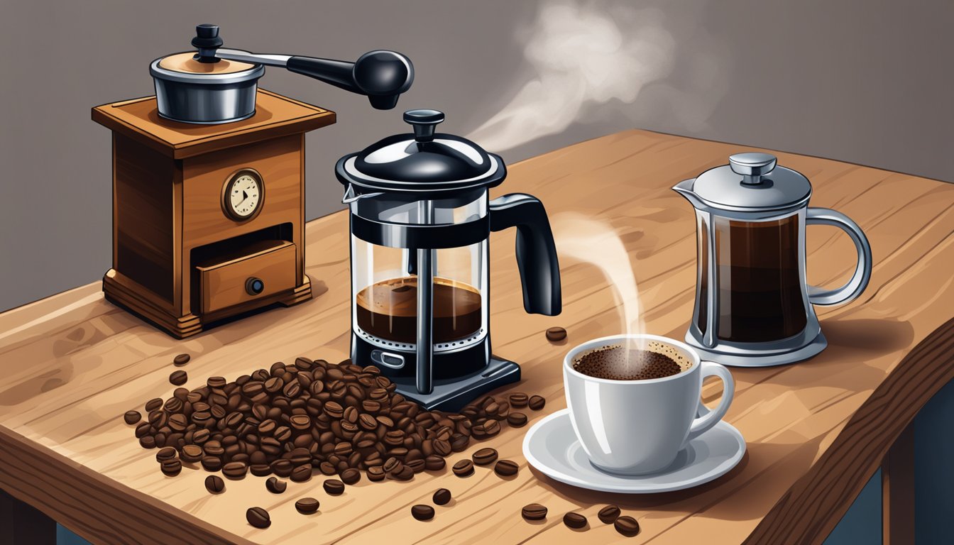A variety of coffee preparation tools including a grinder, French press, and a pot of brewed coffee, showcasing the diverse uses of coffee beans.