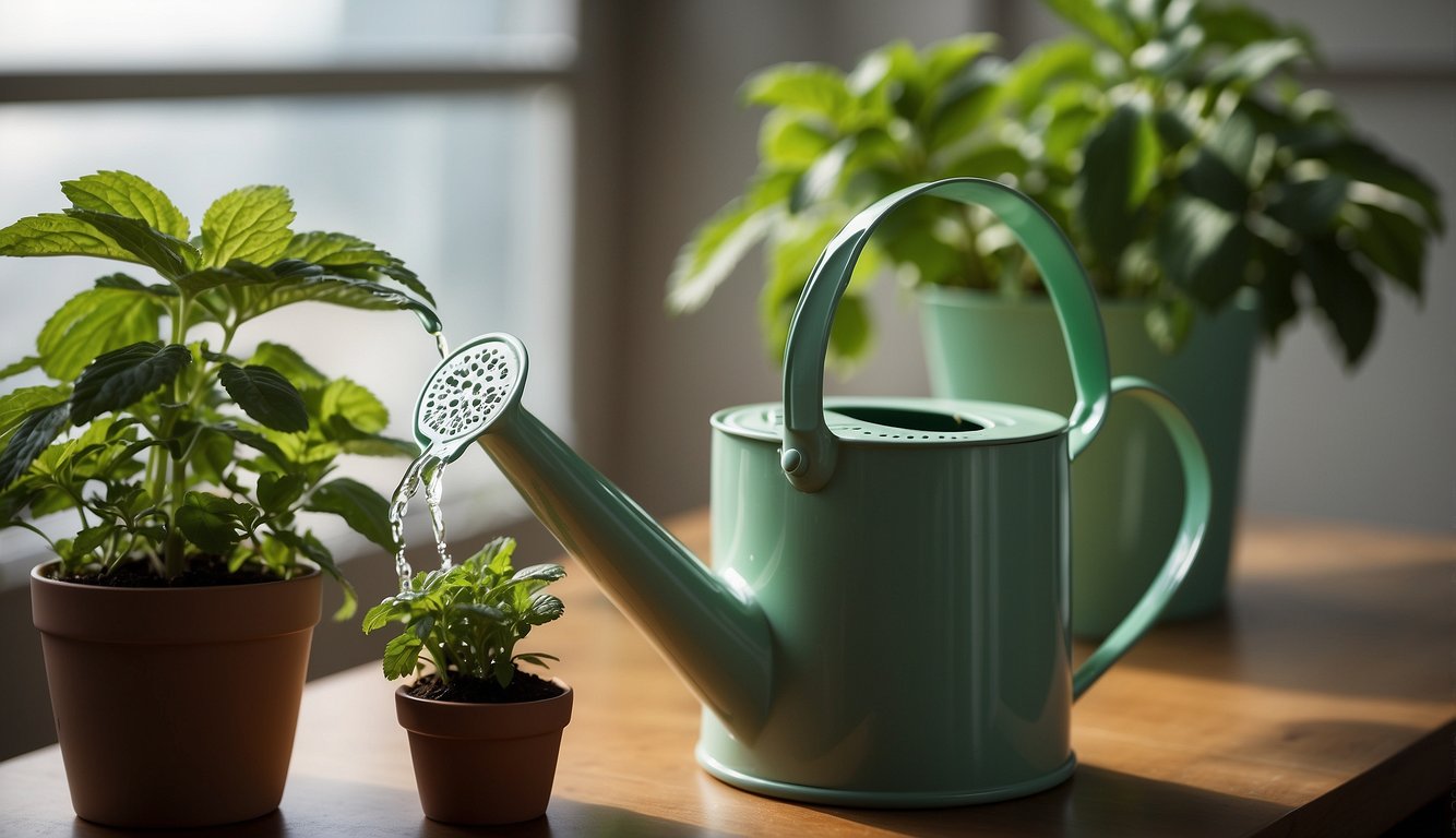 A person is watering a small mint plant indoors with a green watering can.
