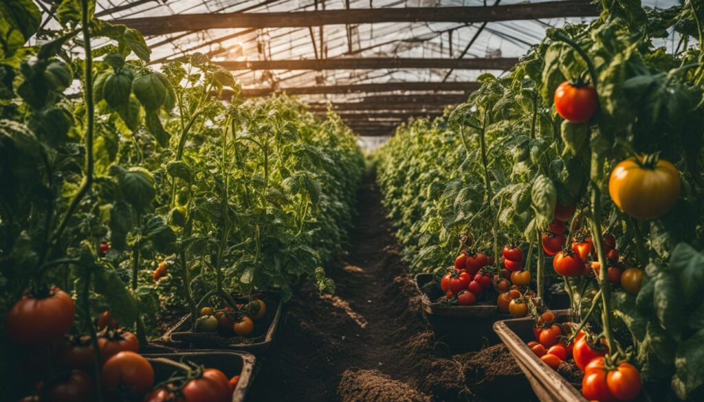 Rows of tomato plants growing in a greenhouse, with ripe red and yellow tomatoes hanging from the vines.
