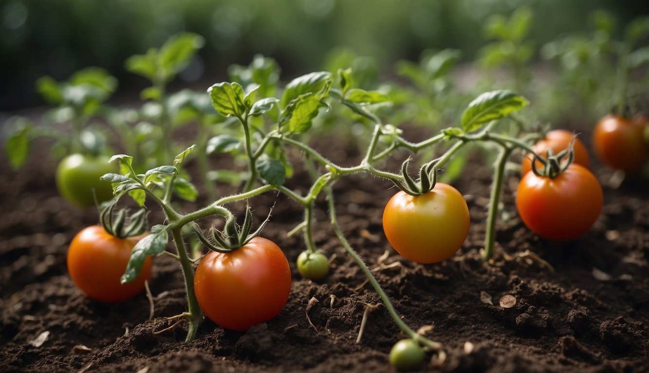 A close-up view of tomato plants with ripe and unripe tomatoes growing in soil, illuminated by natural light.