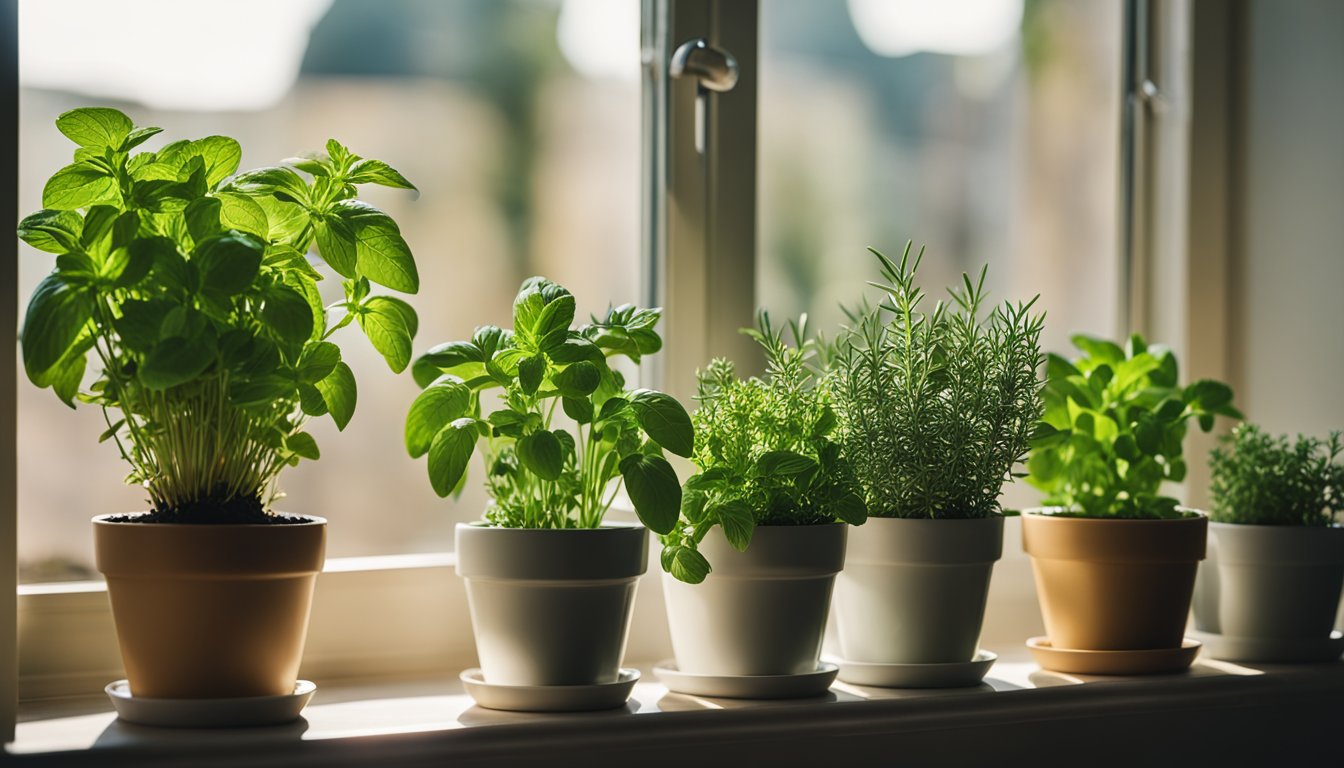 A variety of herbs growing in pots on a sunny windowsill.
