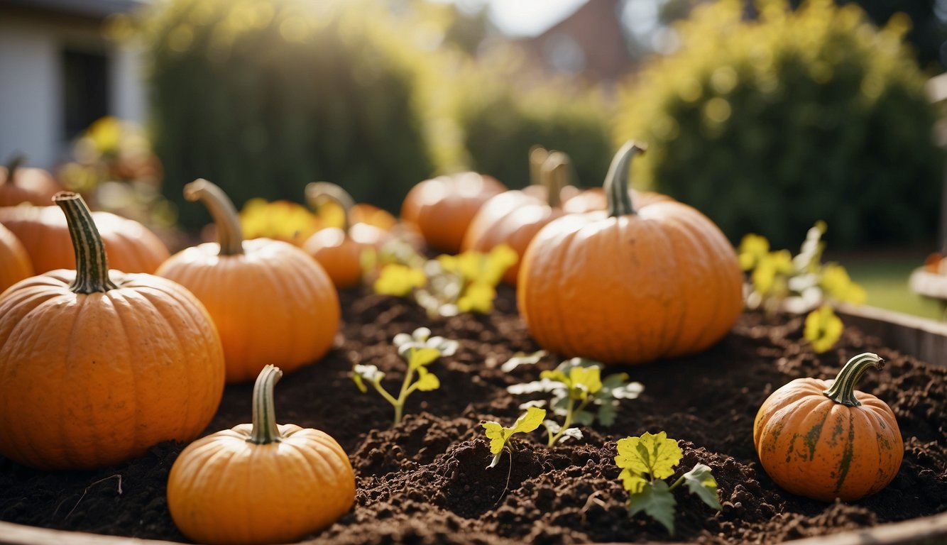 A garden bed filled with ripe pumpkins and young pumpkin plants, illuminated by the sunlight.