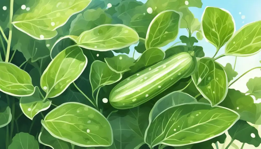 A cucumber plant with leaves showing white spots.