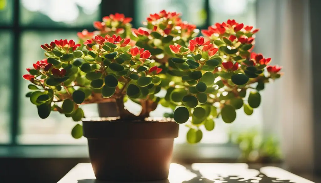 A jade plant with green and red leaves sits in a brown pot, bathed in sunlight near a window.