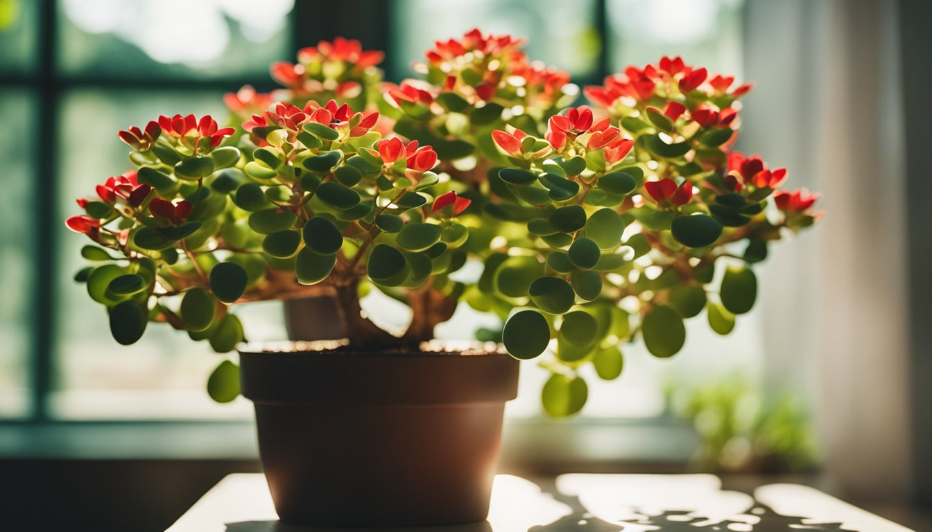 A jade plant with green and red leaves sits in a brown pot, bathed in sunlight near a window.