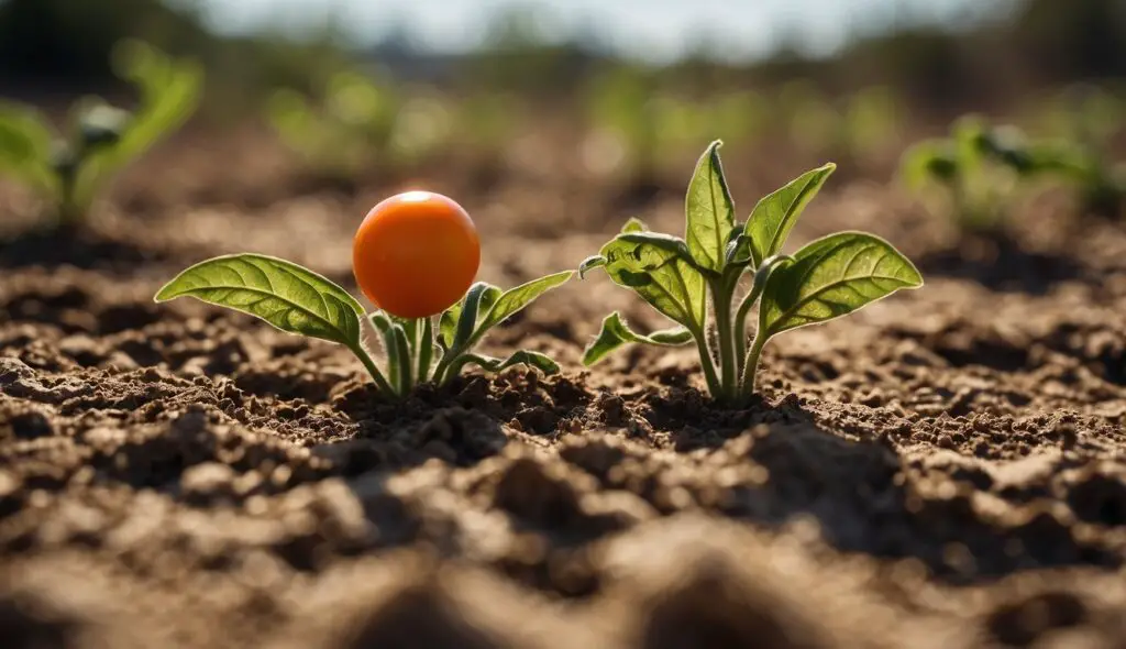 A young tomato plant with a single ripe tomato and green leaves, growing in soil, under the bright sunlight.