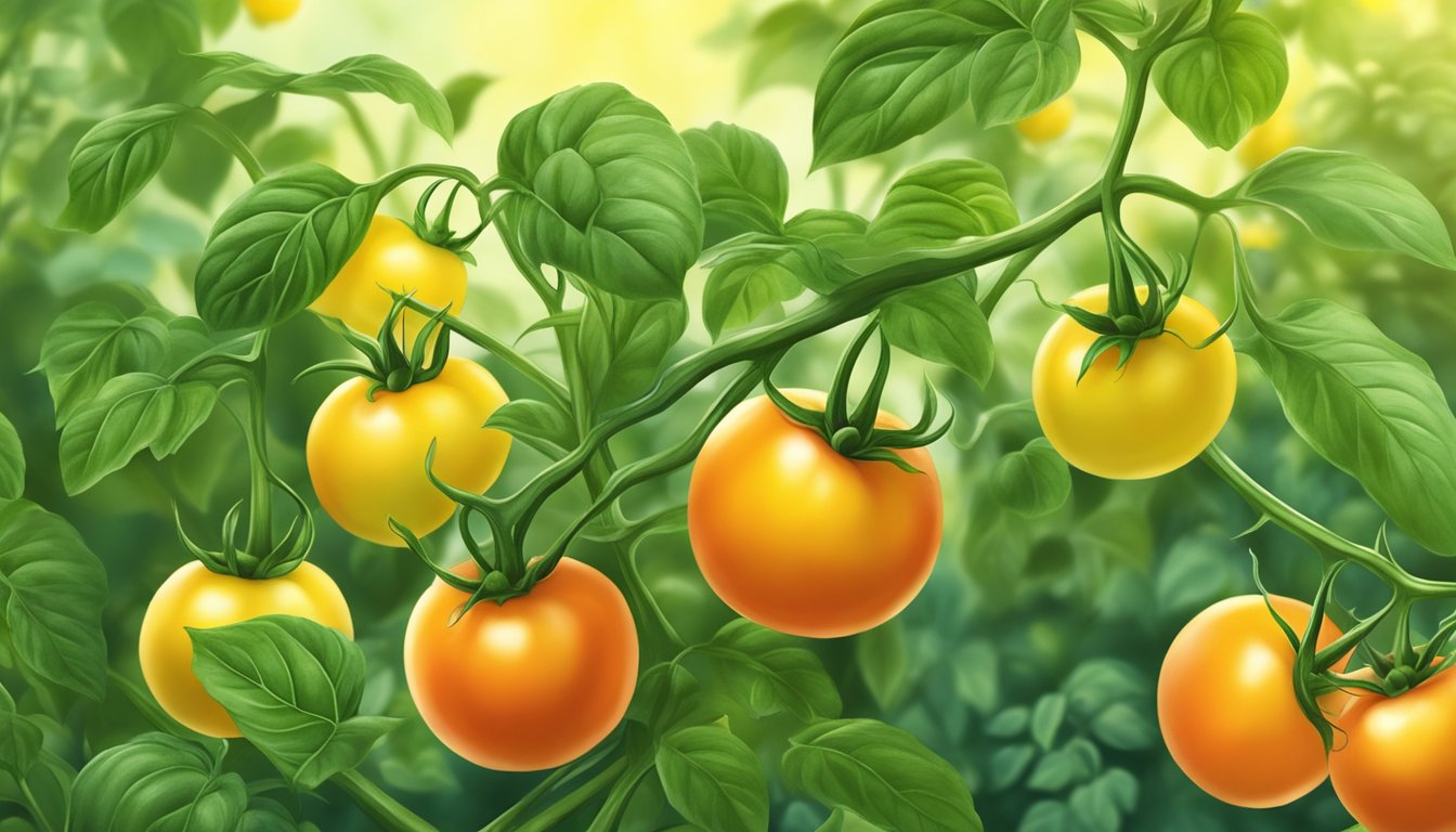 A close-up image of a tomato plant with ripe, orange tomatoes and lush green leaves.