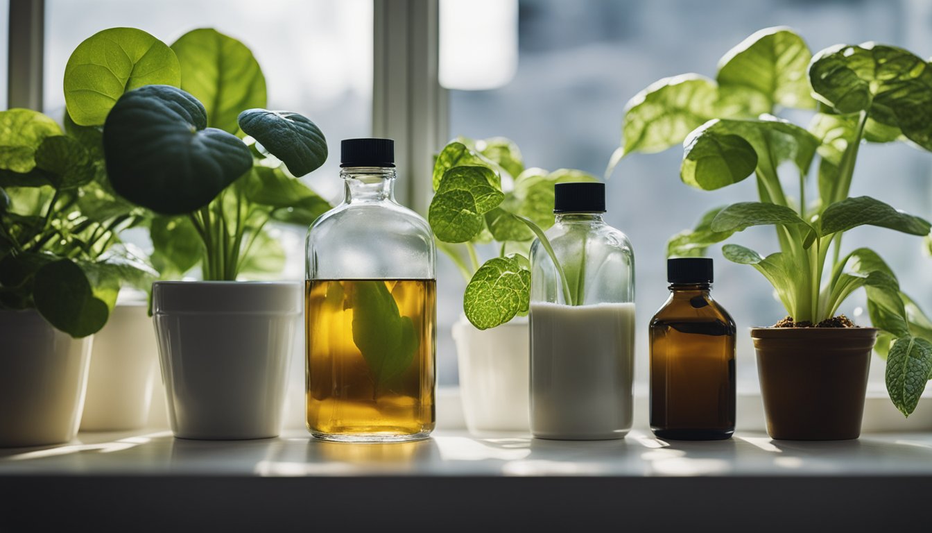 A variety of houseplants in pots next to bottles of different liquids, including vinegar, on a windowsill.