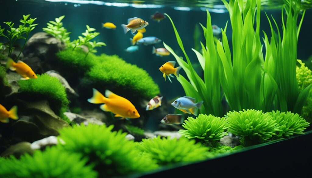 A vibrant aquarium filled with various pond plants and colorful fish, showcasing a healthy aquatic ecosystem.