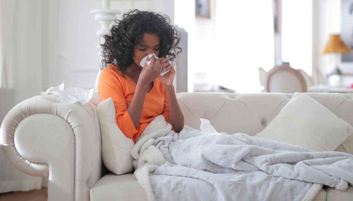 Woman with curly hair in orange shirt blowing her nose while sitting on a white couch, covered with a blanket.