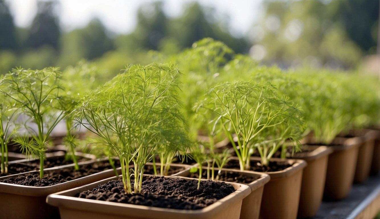 A potted dill plant with lush green leaves, placed on a wooden table in a sunny garden.