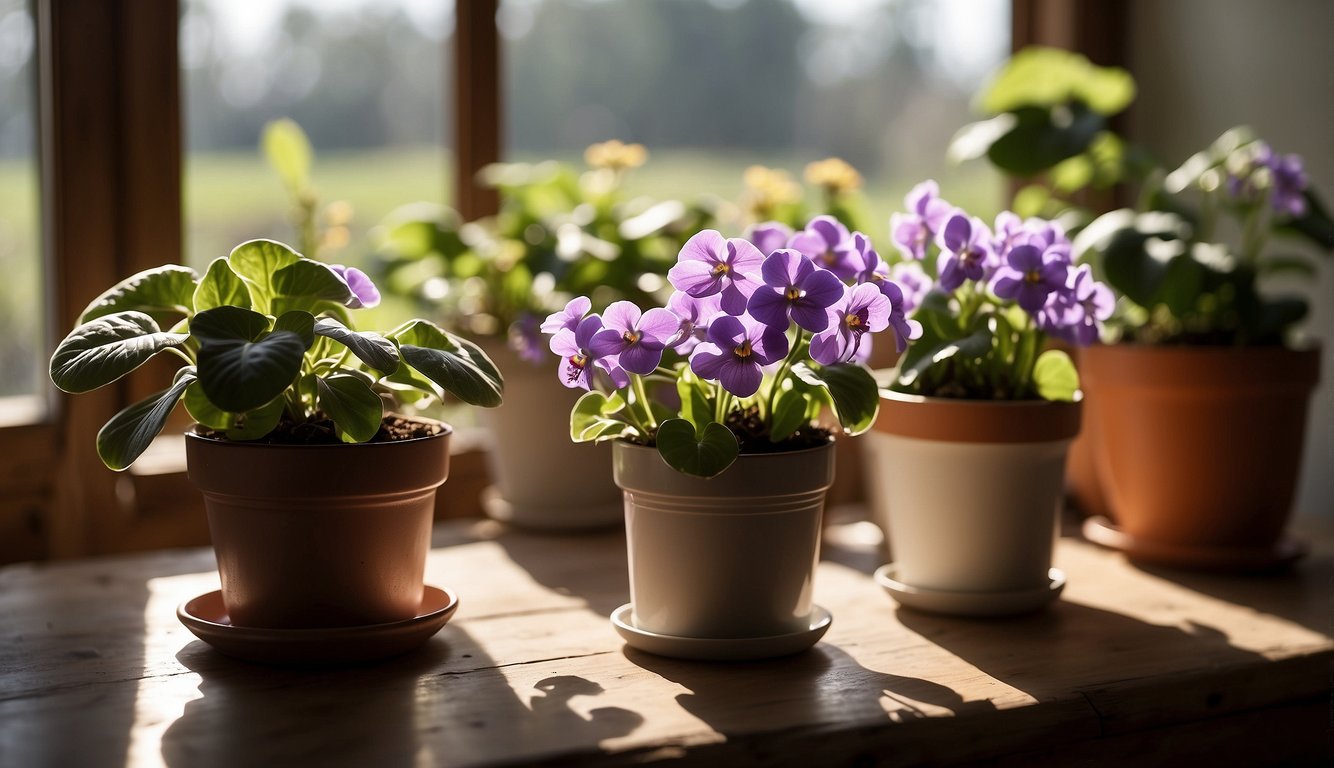 A serene image of African violets with lush green leaves and vibrant purple flowers, basking in the sunlight on a wooden window sill.