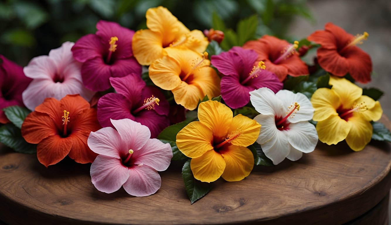 A vibrant assortment of hibiscus flowers in various colors displayed on a wooden surface.