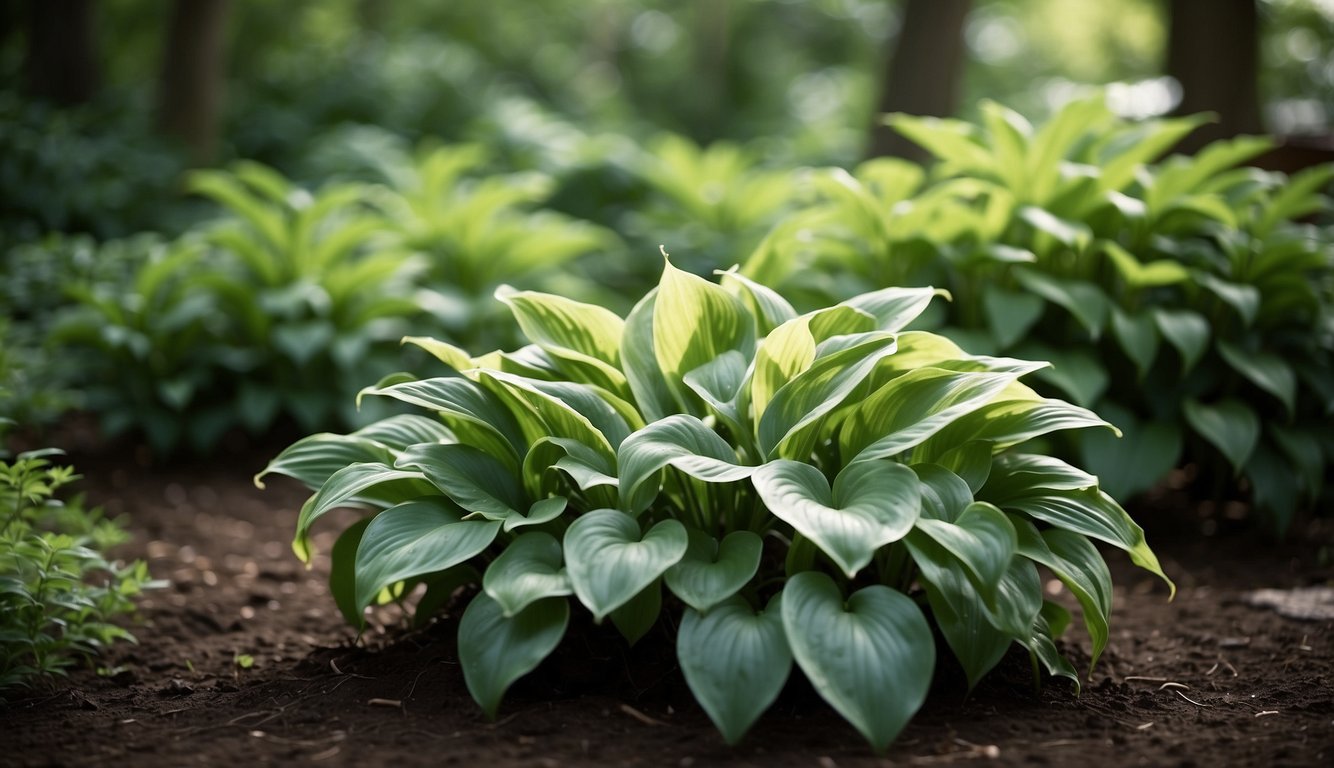 A lush green hosta plant with broad, variegated leaves growing in a garden.