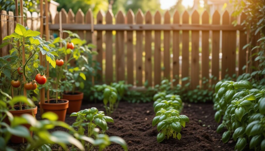 Backyard garden with basil growing in soil and tomato plants in terracotta pots under warm sunlight.