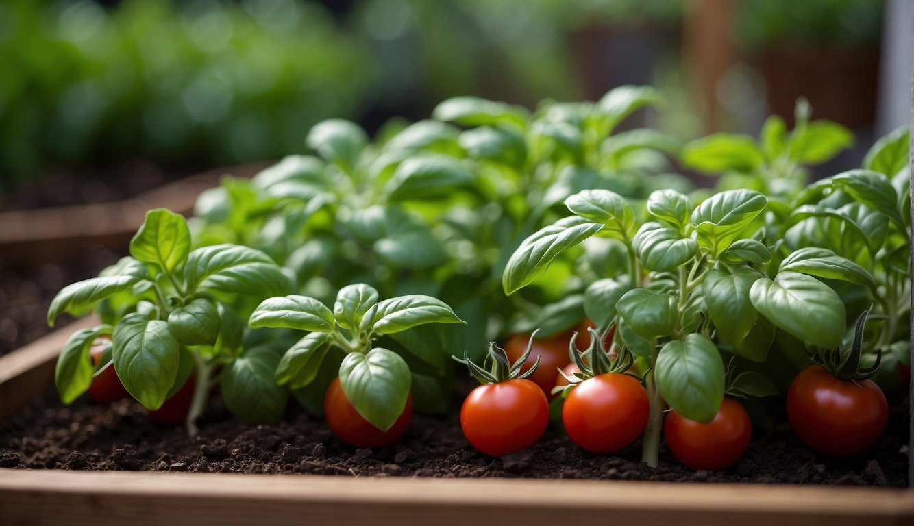 A close-up view of basil plants with bright green leaves next to ripe, red tomatoes growing in a garden bed, illustrating companion planting.