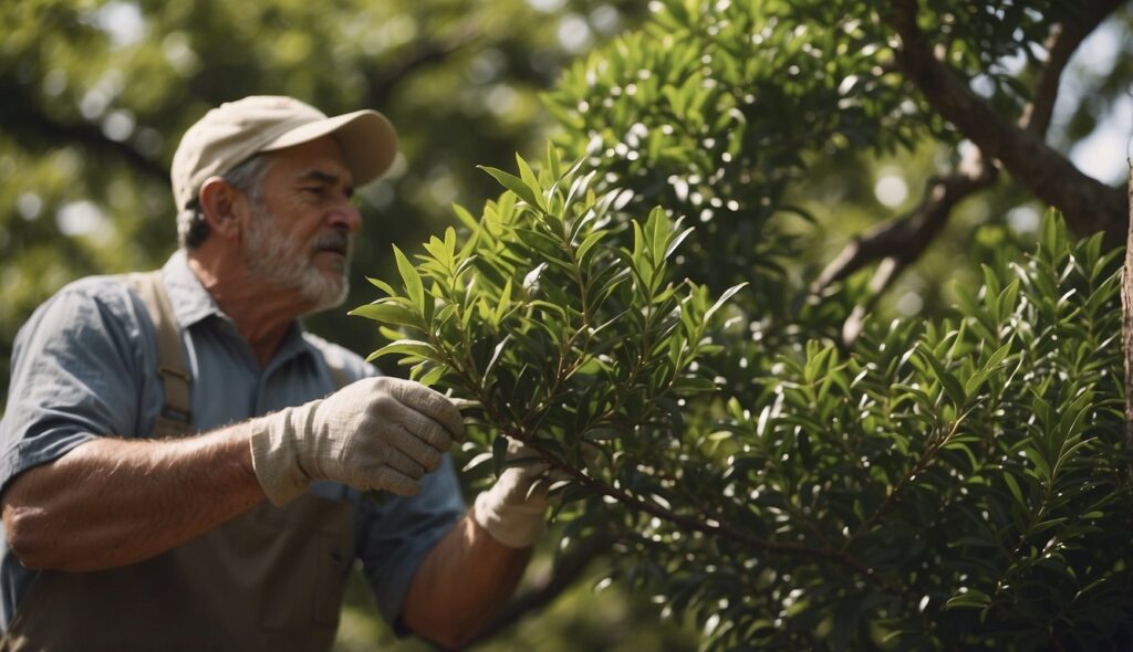 A person in gardening attire is tending to a lush, green Bay Laurel tree.