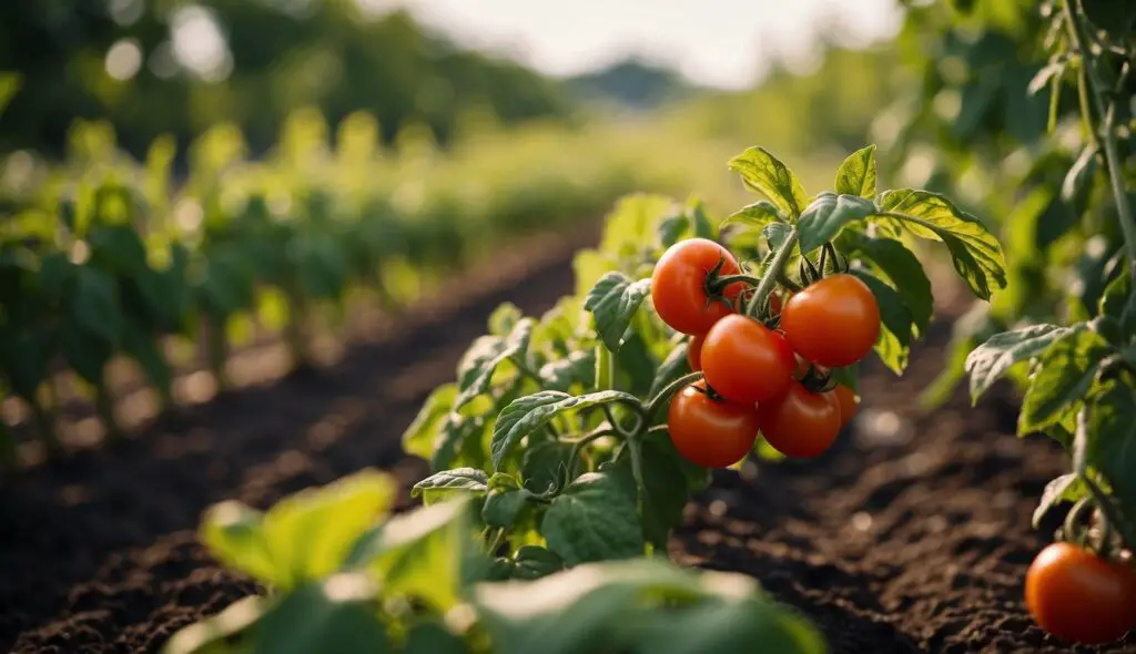 A cluster of ripe tomatoes growing in a well-maintained garden.