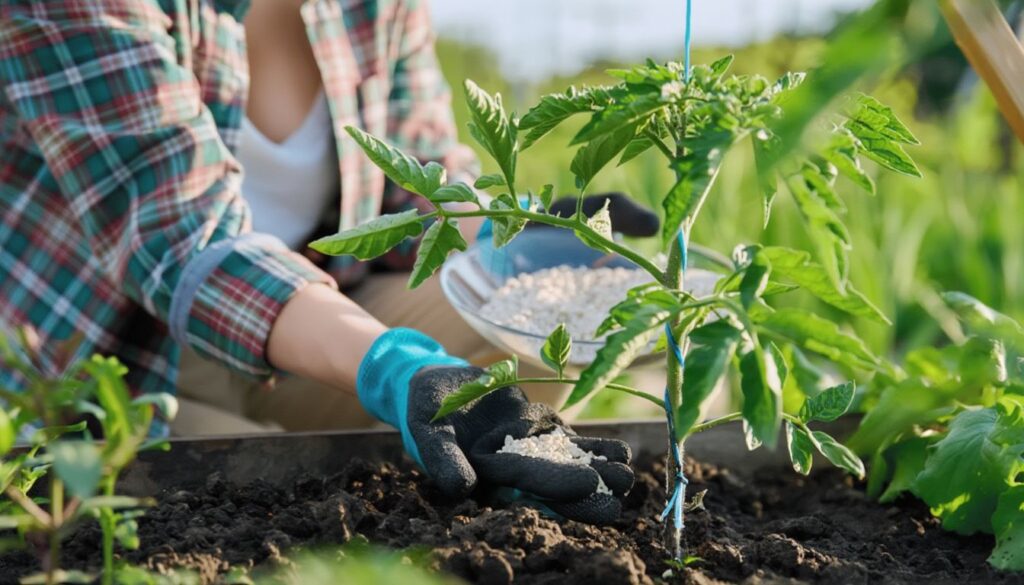 Gardener wearing blue gloves applying granular fertilizer to soil around a young tomato plant in a garden bed.